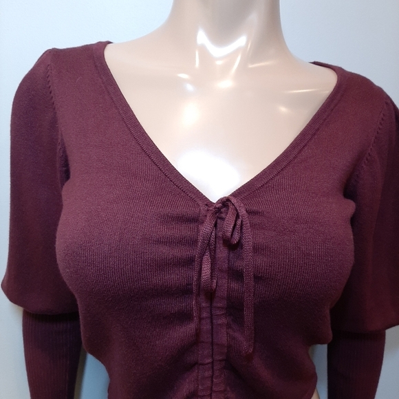 🍁GUESS Layla Puff Sleeve Cropped Sweater Cinch Drawstring Front Ribbed Pullover - Picture 6 of 14